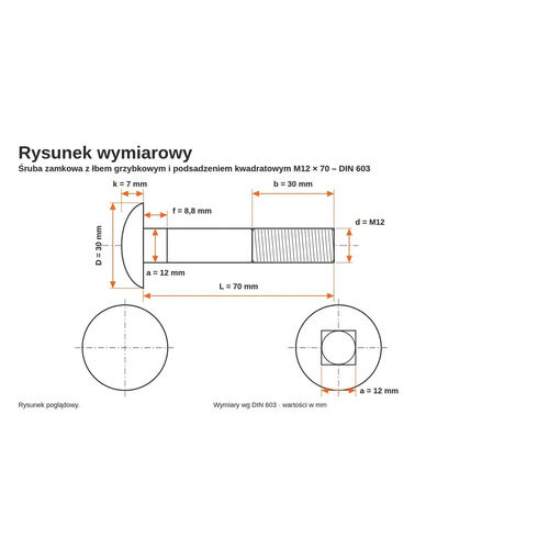 Rysunek wymiarowy śruby zamkowej DIN 603 M12×70 – wymiary k, D, f, a, b, L