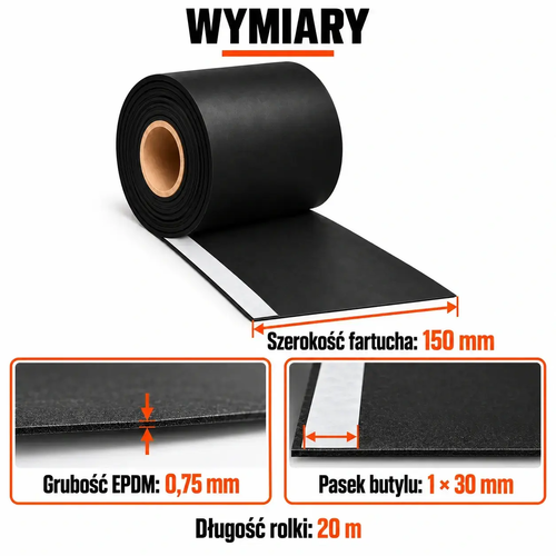 FARTUCH EPDM Z PASKIEM BUTYLU 30mm 0,75 x 150mm x 20 mb