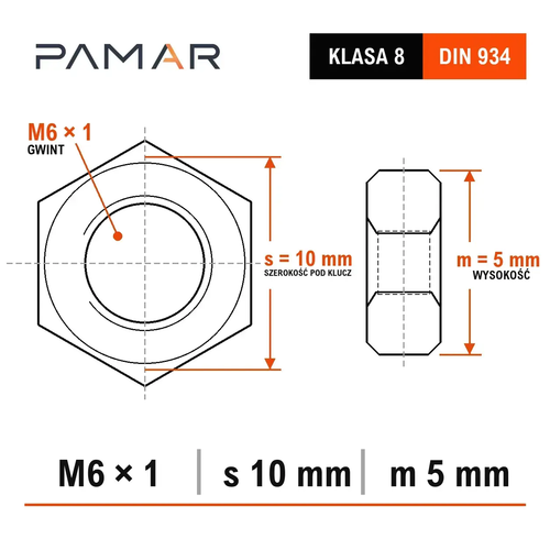 Nakrętka DIN 934 M6 ocynk ogniowy HDG klasa 8 – wymiary s 10 mm i m 5 mm