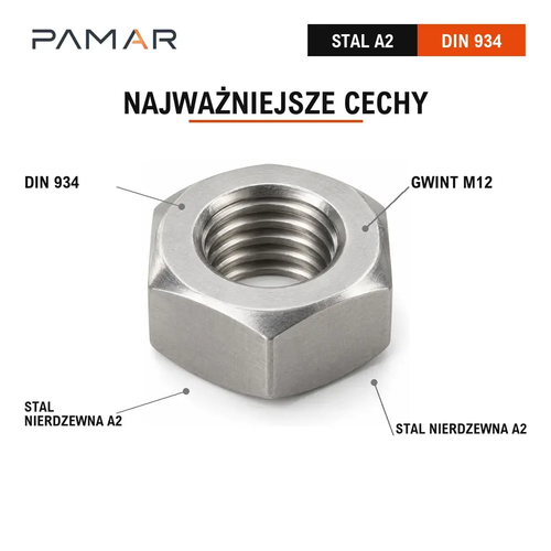 Nakrętka DIN 934 M12 stal nierdzewna A2 bez klasy – najważniejsze cechy materiału i gwintu