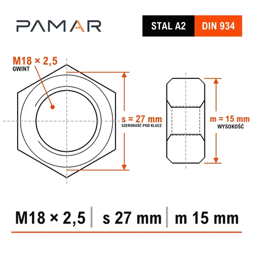 Nakrętka DIN 934 M18 stal nierdzewna A2 bez klasy – wymiary s 27 mm i m 15 mm
