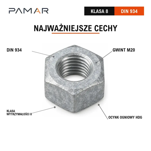 Nakrętka DIN 934 M20 ocynk ogniowy HDG klasa 8 – najważniejsze cechy materiału i gwintu