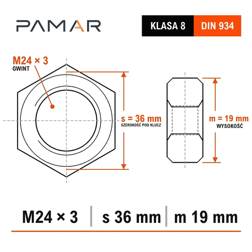 Nakrętka DIN 934 M24 ocynk ogniowy HDG klasa 8 – wymiary s 36 mm i m 19 mm
