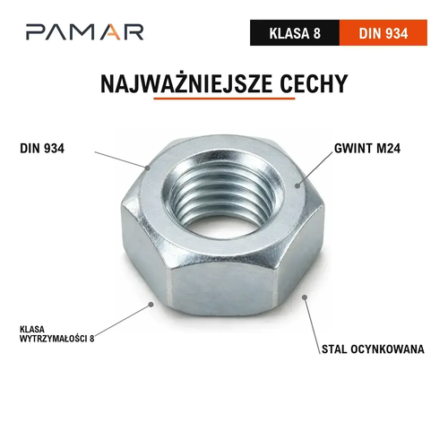 Nakrętka DIN 934 M24 klasa 8 ocynk galwaniczny – cechy normy, gwintu i powierzchni