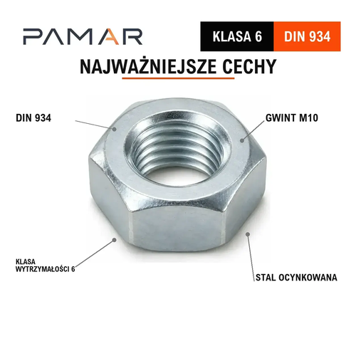 Nakrętka DIN 934 M10 klasa 6, ocynk galwaniczny – najważniejsze cechy