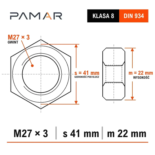 Nakrętka DIN 934 M27 klasa 8, bez pokrycia – wymiary gwintu, s 41 mm i m 22 mm