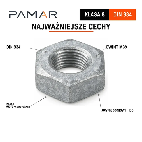Nakrętka DIN 934 M39 klasa 8, ocynk ogniowy HDG – najważniejsze cechy