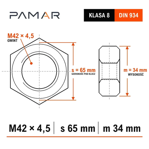 Nakrętka DIN 934 M42 klasa 8, ocynk galwaniczny – wymiary gwintu, s 65 mm i m 34 mm
