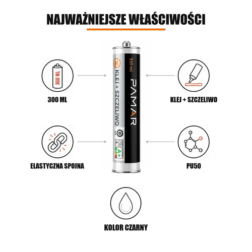 Najważniejsze właściwości PAMAR PU50 czarny 300 ml – klej i szczeliwo z elastyczną spoiną