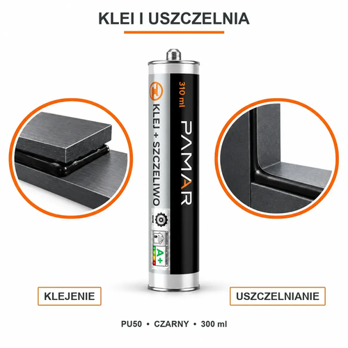 PAMAR PU50 czarny 300 ml – grafika przedstawiająca klejenie i uszczelnianie