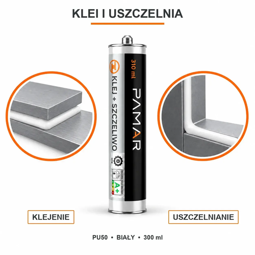 PAMAR PU50 biały 300 ml – grafika przedstawiająca klejenie i uszczelnianie