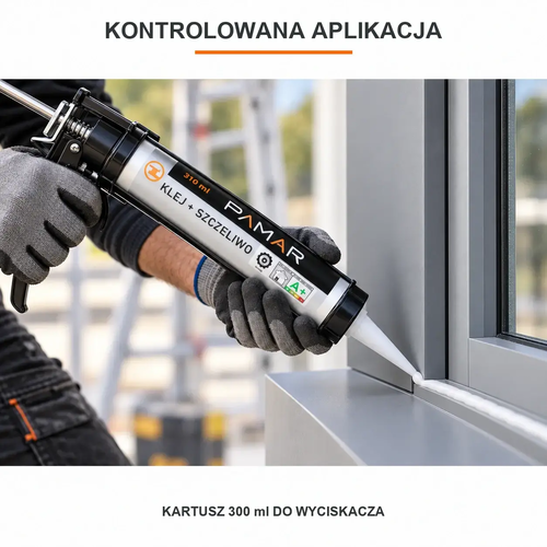 Aplikacja białej masy PAMAR PU50 z kartusza 300 ml przy użyciu wyciskacza
