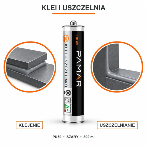 PAMAR PU50 szary 300 ml – grafika przedstawiająca klejenie i uszczelnianie