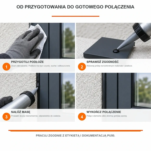 Cztery etapy przygotowania podłoża i wykonania połączenia masą PAMAR PU50