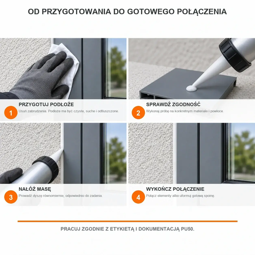 Cztery etapy przygotowania podłoża i wykonania połączenia masą PAMAR PU50 biały