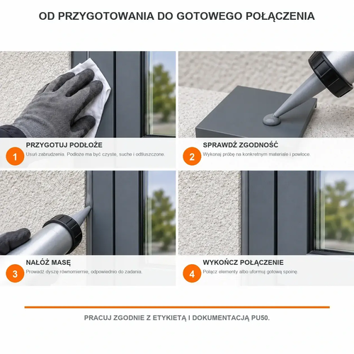 Cztery etapy przygotowania podłoża i wykonania połączenia masą PAMAR PU50 szary