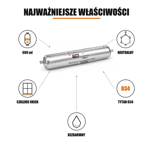 TYTAN Industry O34 bezbarwny: pięć ikon właściwości i opakowanie foliowe produktu 600 ml.