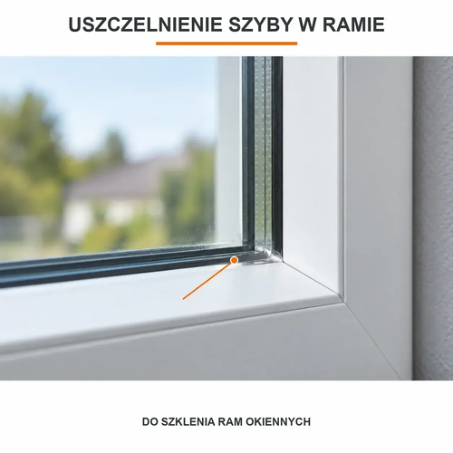 Bezbarwna spoina TYTAN Industry O34 na styku szyby i ramy nowoczesnego okna.