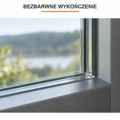 Makro starannie wygładzonej bezbarwnej spoiny TYTAN Industry O34 przy szybie okiennej.