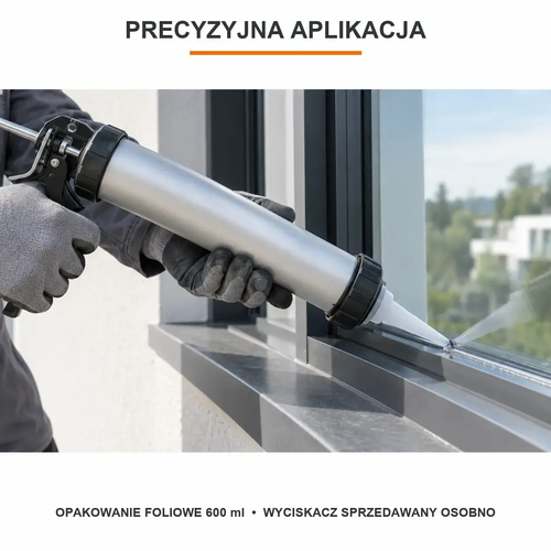 Precyzyjna aplikacja TYTAN Industry O34 wyciskaczem tubowym do folii 600 ml przy szybie.