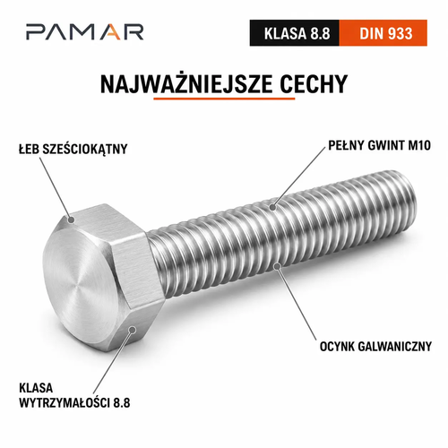 Śruba sześciokątna DIN 933 M10x20 klasa 8.8 ocynk galwaniczny – najważniejsze cechy