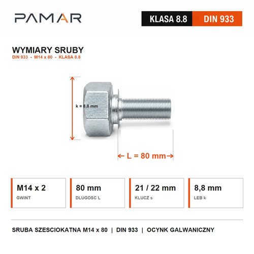 Śruba sześciokątna DIN 933 M14x80 klasa 8.8 ocynk galwaniczny – rysunek wymiarowy