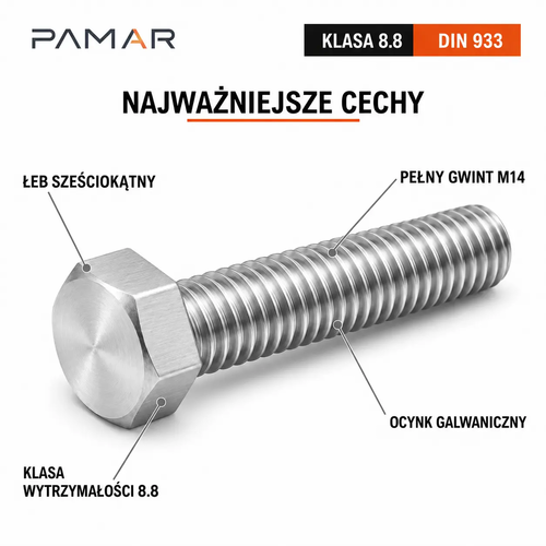 Śruba sześciokątna DIN 933 M14x80 klasa 8.8 ocynk galwaniczny – najważniejsze cechy