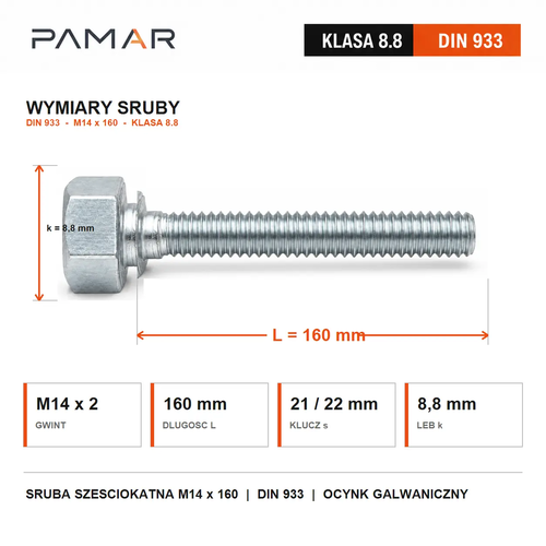 Śruba sześciokątna DIN 933 M14x160 klasa 8.8 ocynk galwaniczny – rysunek wymiarowy