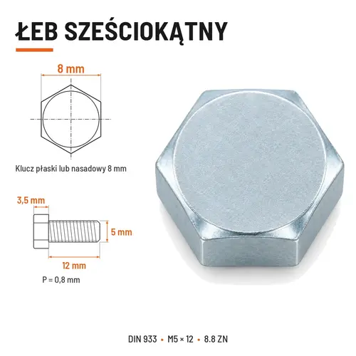 ŚRUBA SZEŚCIOKĄTNA DIN 933 M5X12 KLASA 8.8 OCYNK GALWANICZNY
