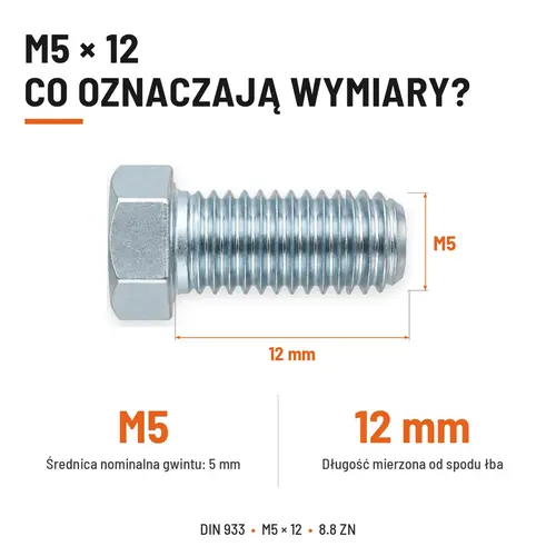ŚRUBA SZEŚCIOKĄTNA DIN 933 M5X12 KLASA 8.8 OCYNK GALWANICZNY