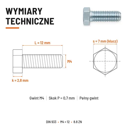 ŚRUBA SZEŚCIOKĄTNA DIN 933 M4X12 KLASA 8.8 OCYNK GALWANICZNY