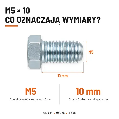 ŚRUBA SZEŚCIOKĄTNA DIN 933 M5X10 KLASA 8.8 OCYNK GALWANICZNY