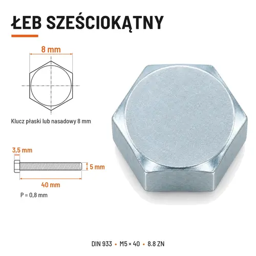 ŚRUBA SZEŚCIOKĄTNA DIN 933 M5X40 KLASA 8.8 OCYNK GALWANICZNY