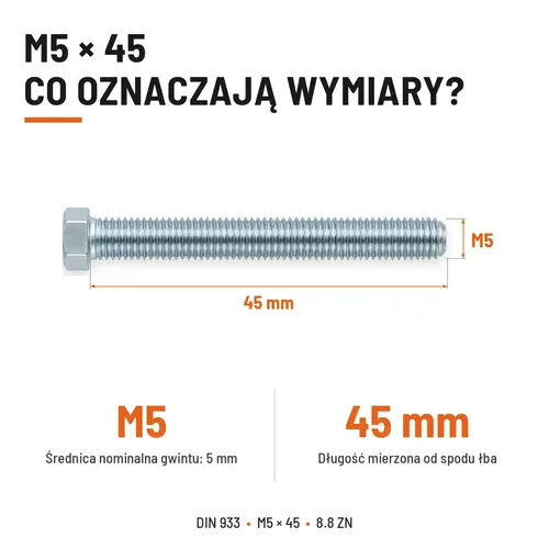 ŚRUBA SZEŚCIOKĄTNA DIN 933 M5X45 KLASA 8.8 OCYNK GALWANICZNY