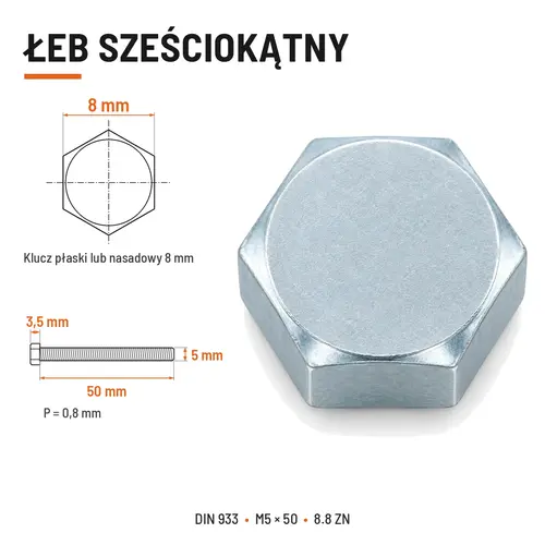 ŚRUBA SZEŚCIOKĄTNA DIN 933 M5X50 KLASA 8.8 OCYNK GALWANICZNY
