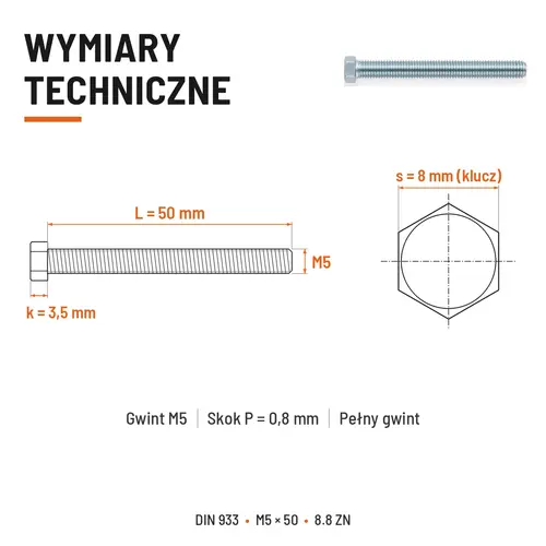 ŚRUBA SZEŚCIOKĄTNA DIN 933 M5X50 KLASA 8.8 OCYNK GALWANICZNY