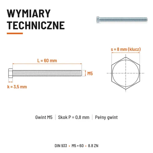 ŚRUBA SZEŚCIOKĄTNA DIN 933 M5X60 KLASA 8.8 OCYNK GALWANICZNY