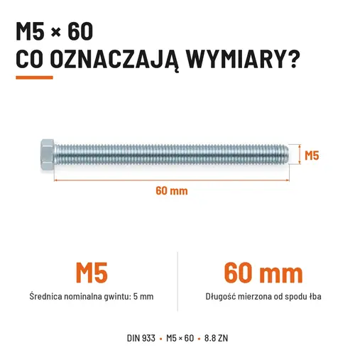 ŚRUBA SZEŚCIOKĄTNA DIN 933 M5X60 KLASA 8.8 OCYNK GALWANICZNY