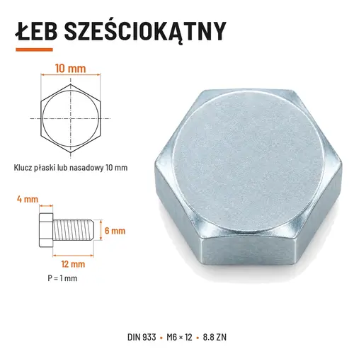 ŚRUBA SZEŚCIOKĄTNA DIN 933 M6X12 KLASA 8.8 OCYNK GALWANICZNY