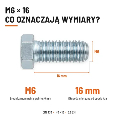 ŚRUBA SZEŚCIOKĄTNA DIN 933 M6X16 KLASA 8.8 OCYNK GALWANICZNY