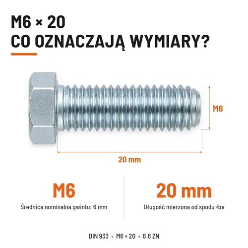 ŚRUBA SZEŚCIOKĄTNA DIN 933 M6X20 KLASA 8.8 OCYNK GALWANICZNY