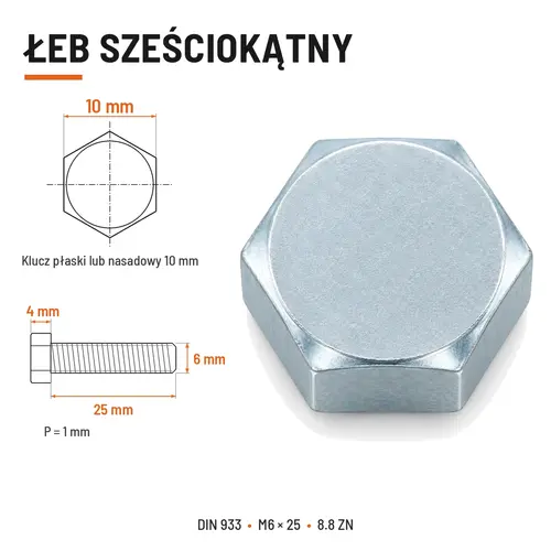 ŚRUBA SZEŚCIOKĄTNA DIN 933 M6X25 KLASA 8.8 OCYNK GALWANICZNY