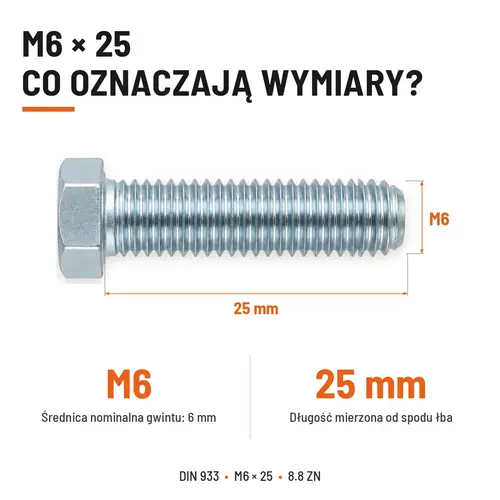 ŚRUBA SZEŚCIOKĄTNA DIN 933 M6X25 KLASA 8.8 OCYNK GALWANICZNY