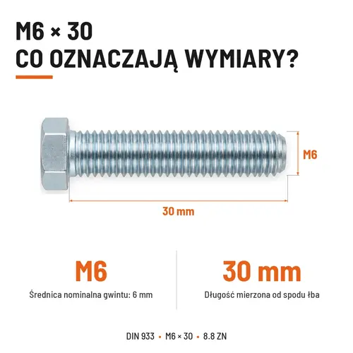 ŚRUBA SZEŚCIOKĄTNA DIN 933 M6X30 KLASA 8.8 OCYNK GALWANICZNY