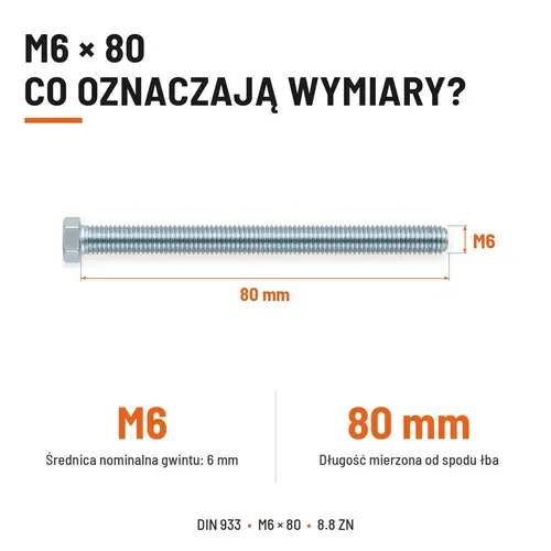 ŚRUBA SZEŚCIOKĄTNA DIN 933 M6X80 KLASA 8.8 OCYNK GALWANICZNY