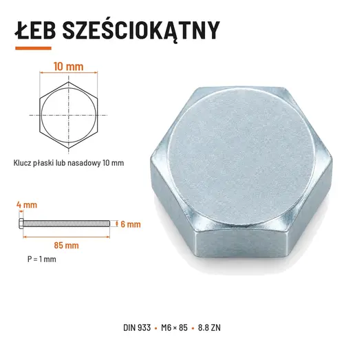 ŚRUBA SZEŚCIOKĄTNA DIN 933 M6X85 KLASA 8.8 OCYNK GALWANICZNY