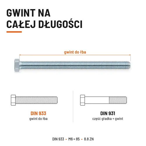ŚRUBA SZEŚCIOKĄTNA DIN 933 M6X85 KLASA 8.8 OCYNK GALWANICZNY