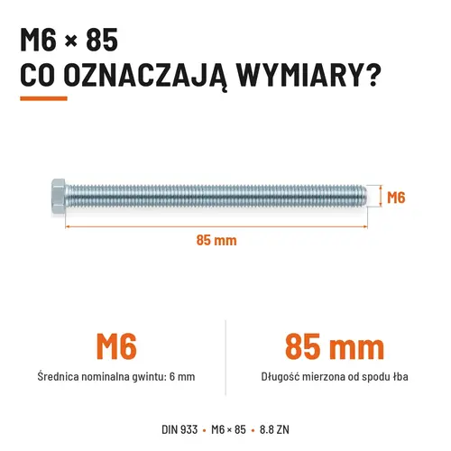 ŚRUBA SZEŚCIOKĄTNA DIN 933 M6X85 KLASA 8.8 OCYNK GALWANICZNY