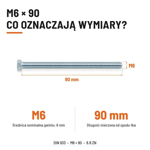 ŚRUBA SZEŚCIOKĄTNA DIN 933 M6X90 KLASA 8.8 OCYNK GALWANICZNY