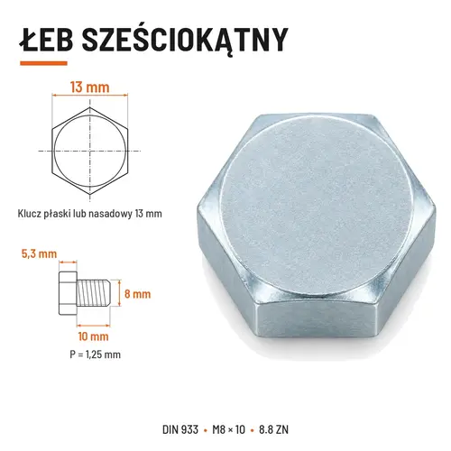 Śruba sześciokątna DIN 933 M8x10 pełny gwint 8.8 ocynkowana